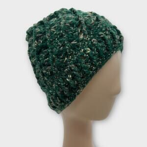 Chunky Knit Open Weave Green Cream Beanie Knit Hat Outdoors Unisex XS